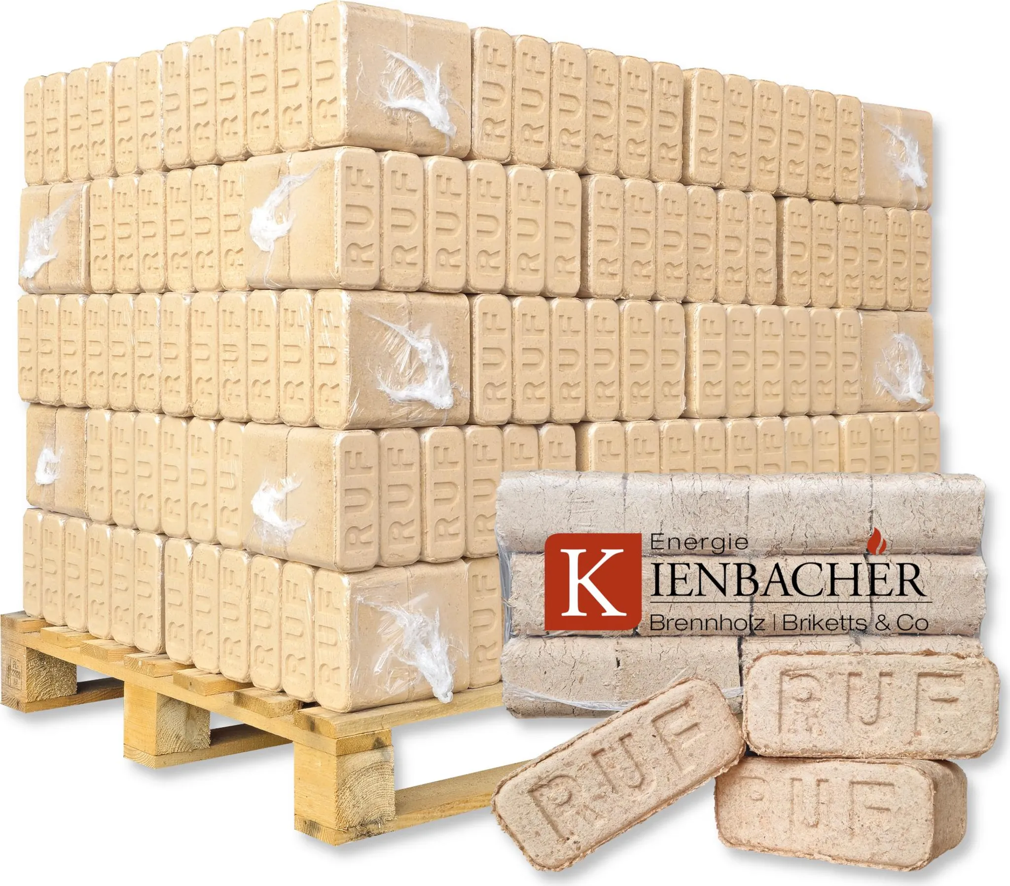 600 kg RUF Briketts Hartholzbriketts aus Buche und/oder Eiche - 60 x 10 kg Holzbrikett auf Palette - Energie Kienbacher